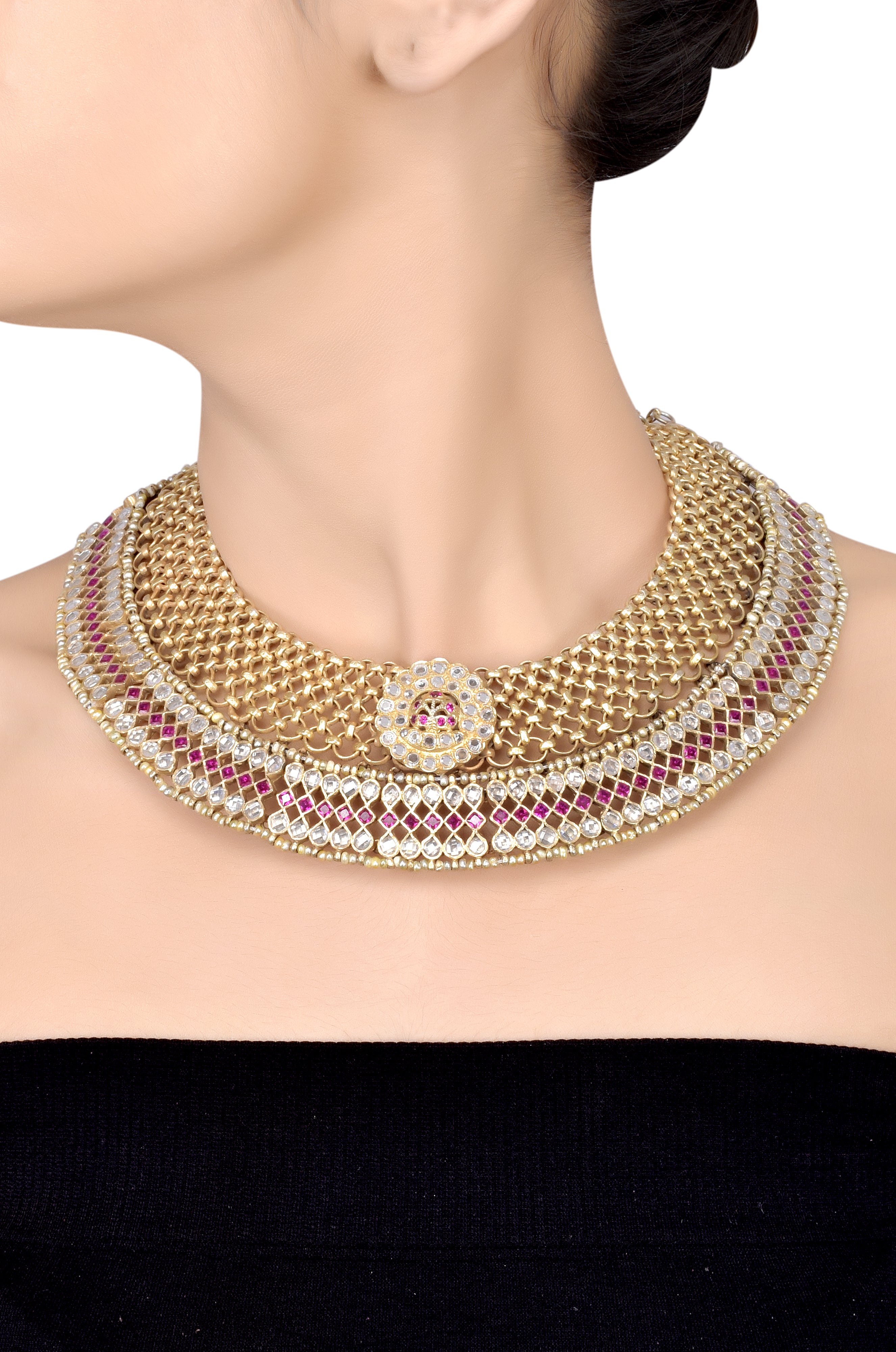 Silver Gold Plated Crystal Studded Interlinked Pear Rhomb Floral Necklace