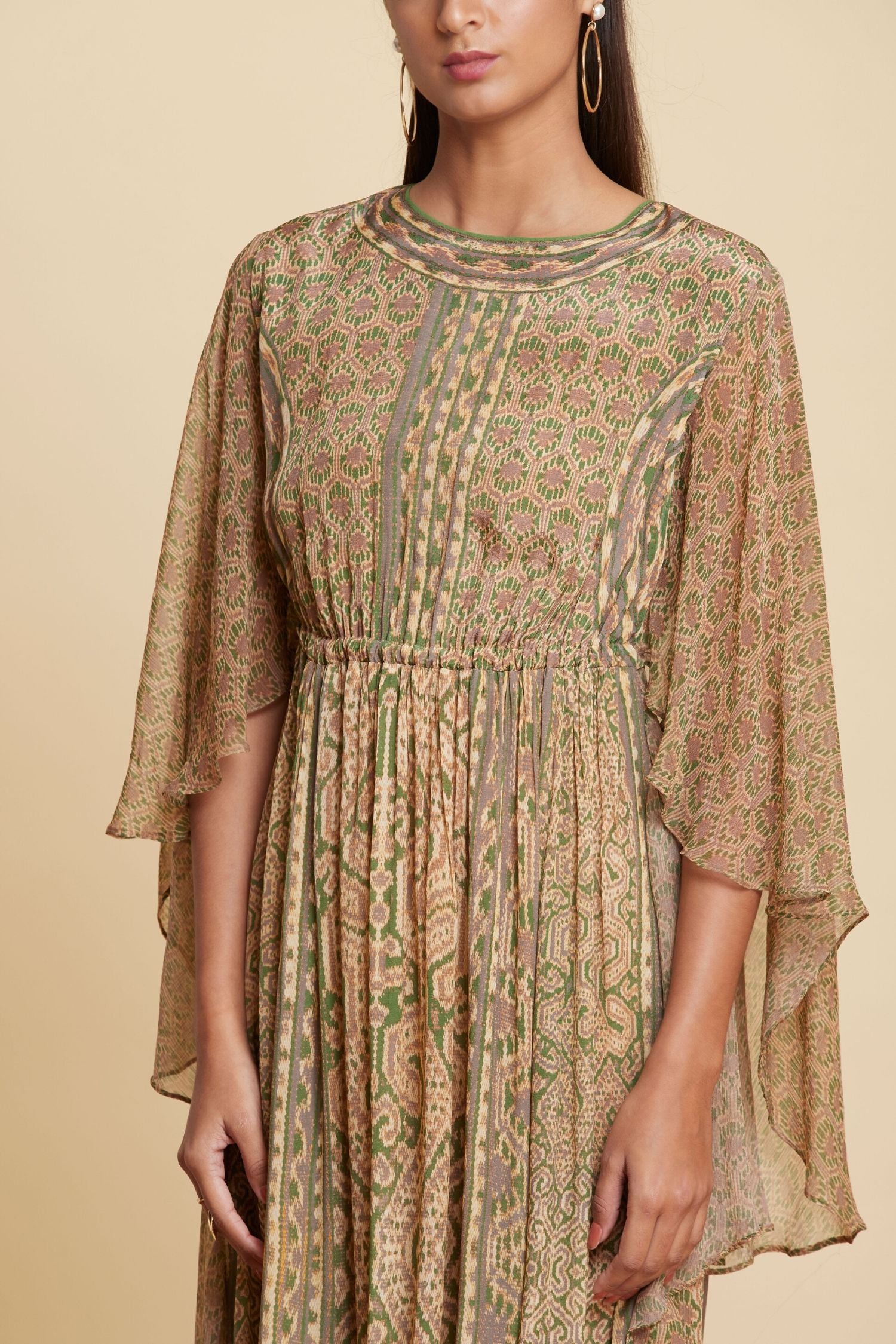 Beige and Green Abstract Printed Short Dress