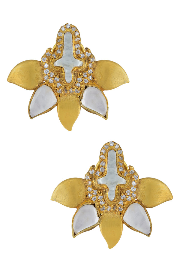 Silver Gold Plated White Glass Leafy Ear Studs