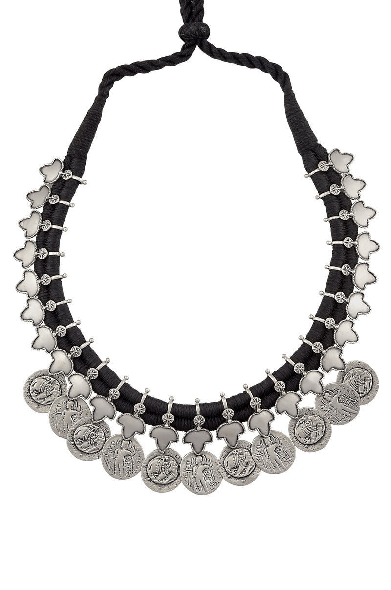 Silver Oxidised Lotus Coin Thread Necklace