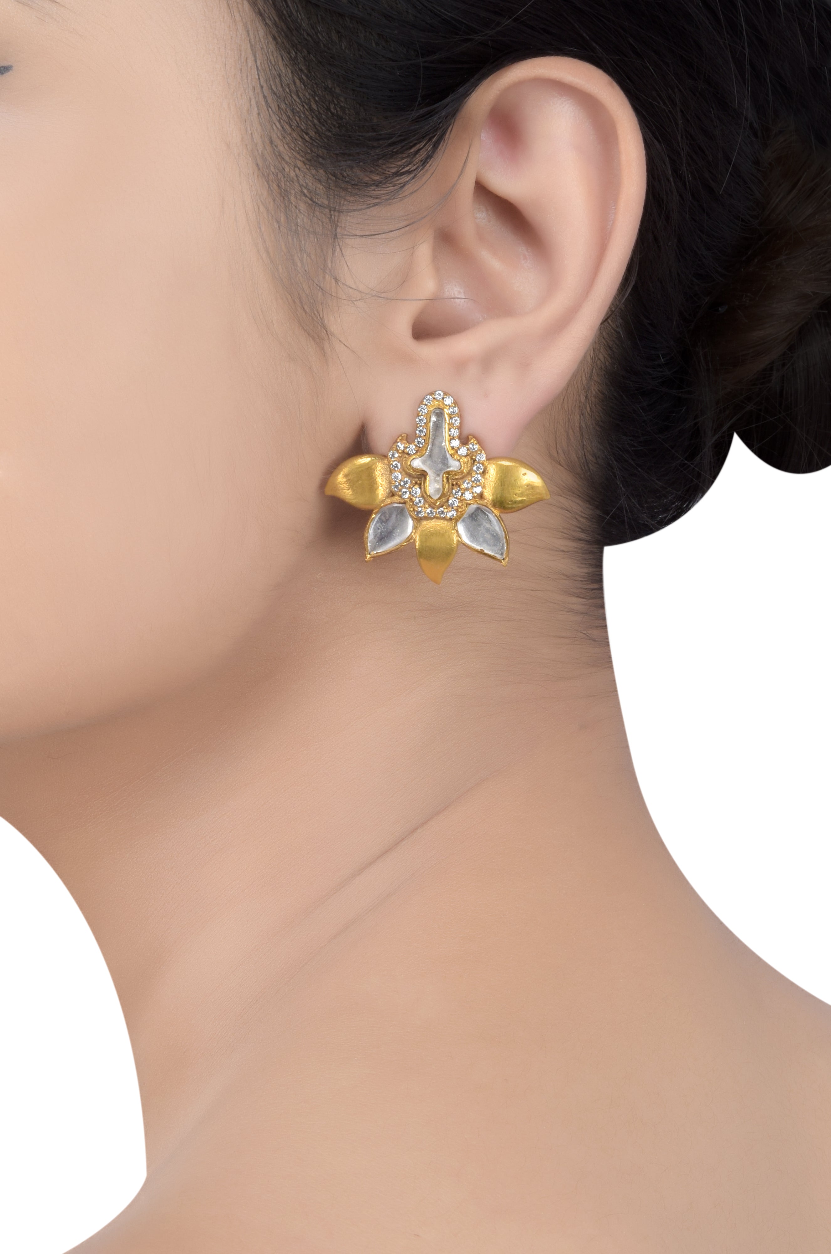 Silver Gold Plated White Glass Leafy Ear Studs