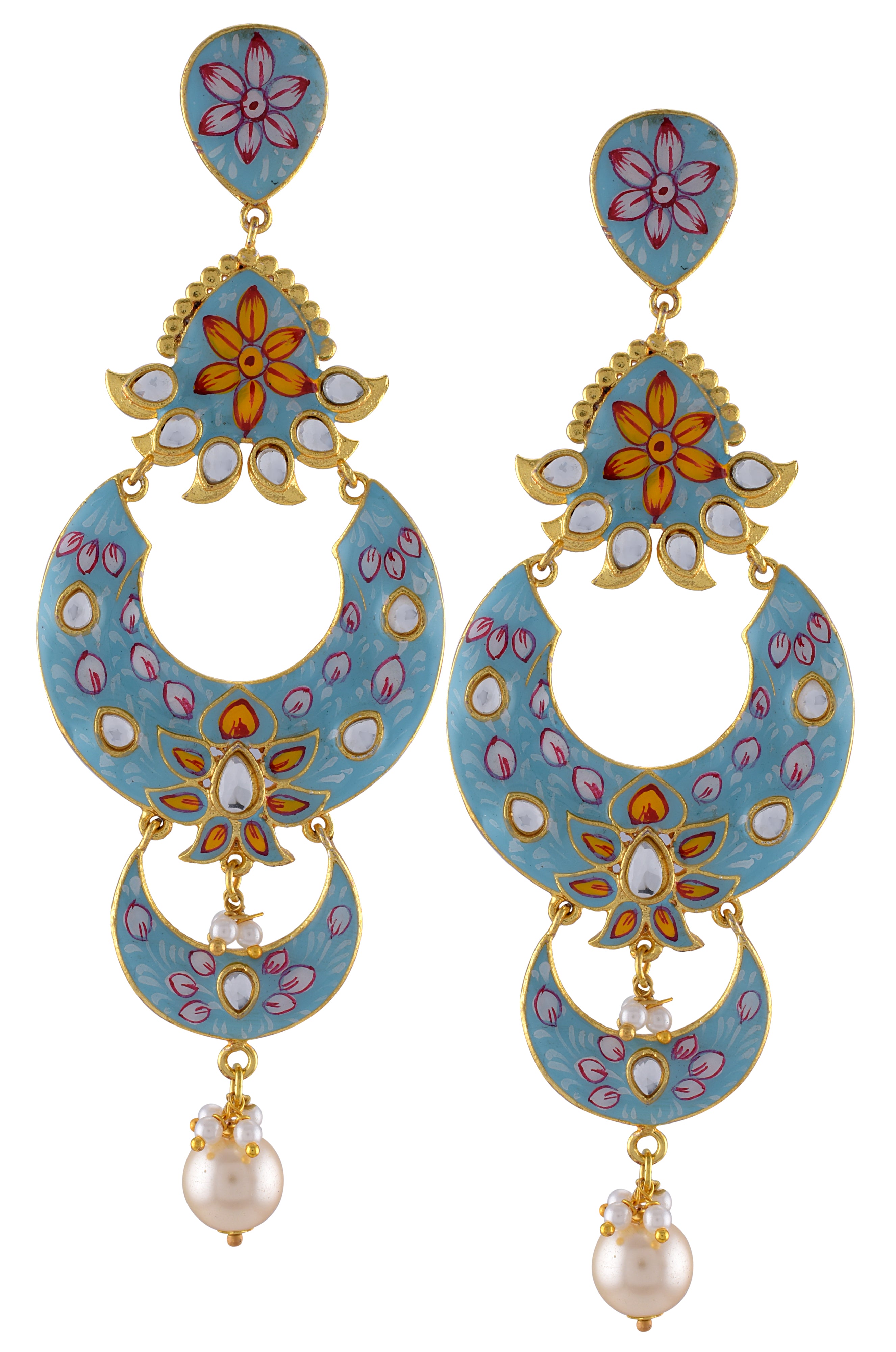 Gold Plated Aqua Flower Enamelled Glass Moon Earrings