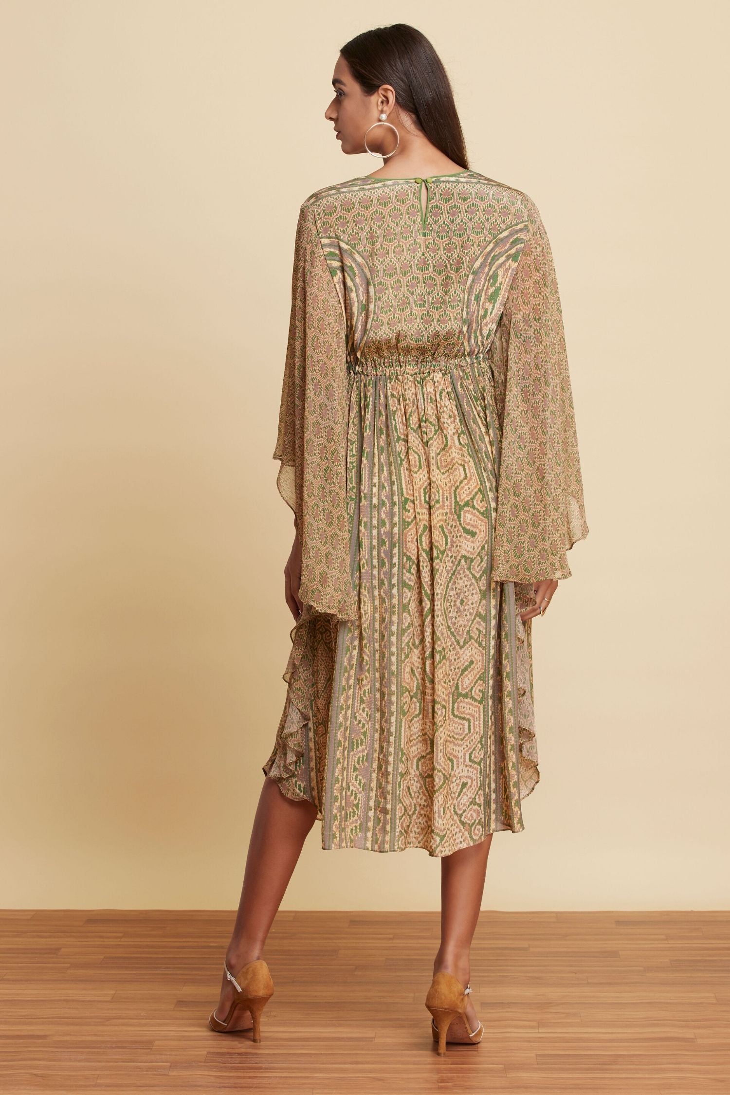 Beige and Green Abstract Printed Short Dress