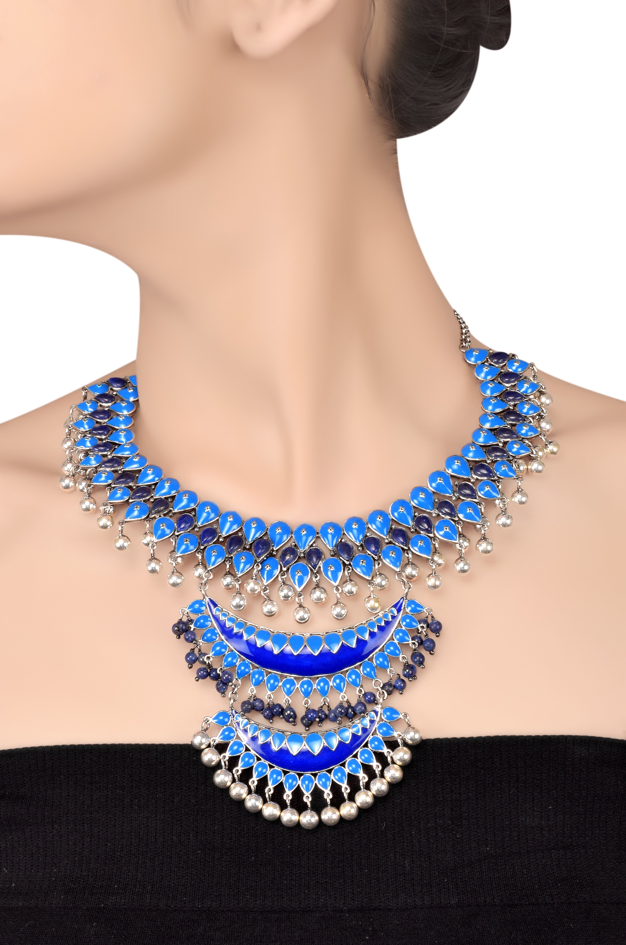 Silver Multi Pear Lapis Enamelled Crescent Ball Drop Necklace