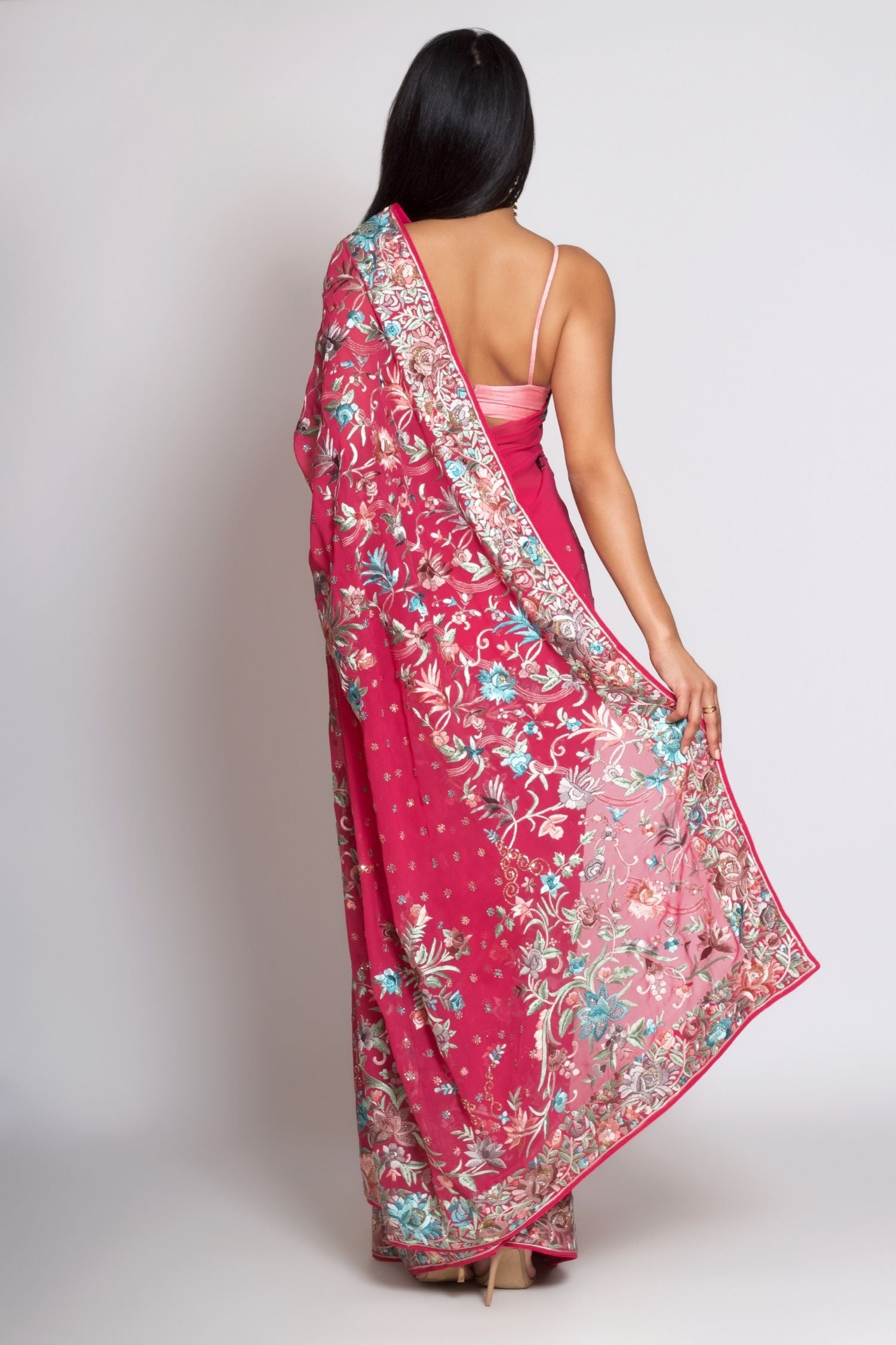 Pink Georgette Gara Parsi Saree