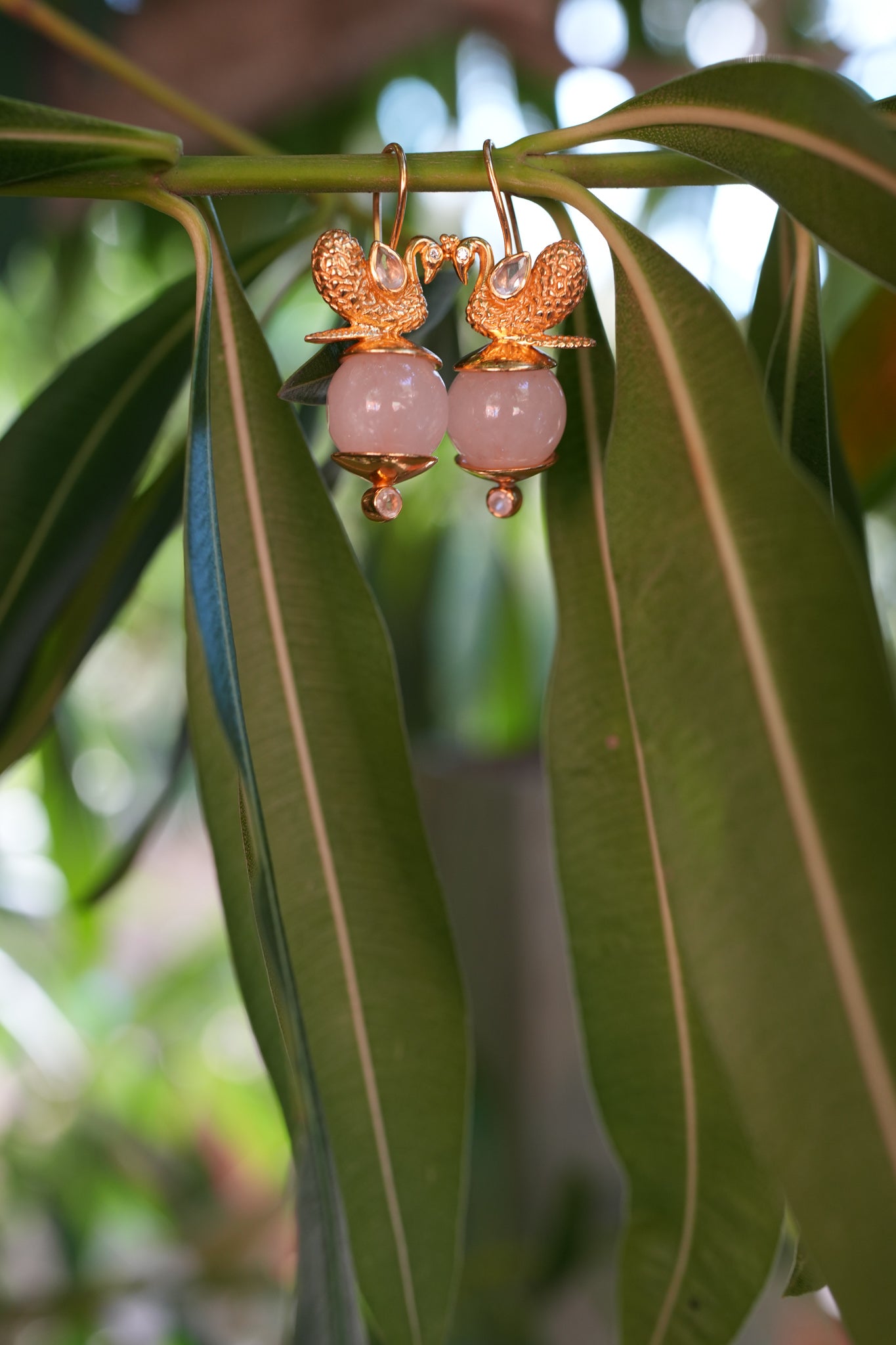 Silver Gold Plated Amrapali Rose Quartz Peacock Earrings