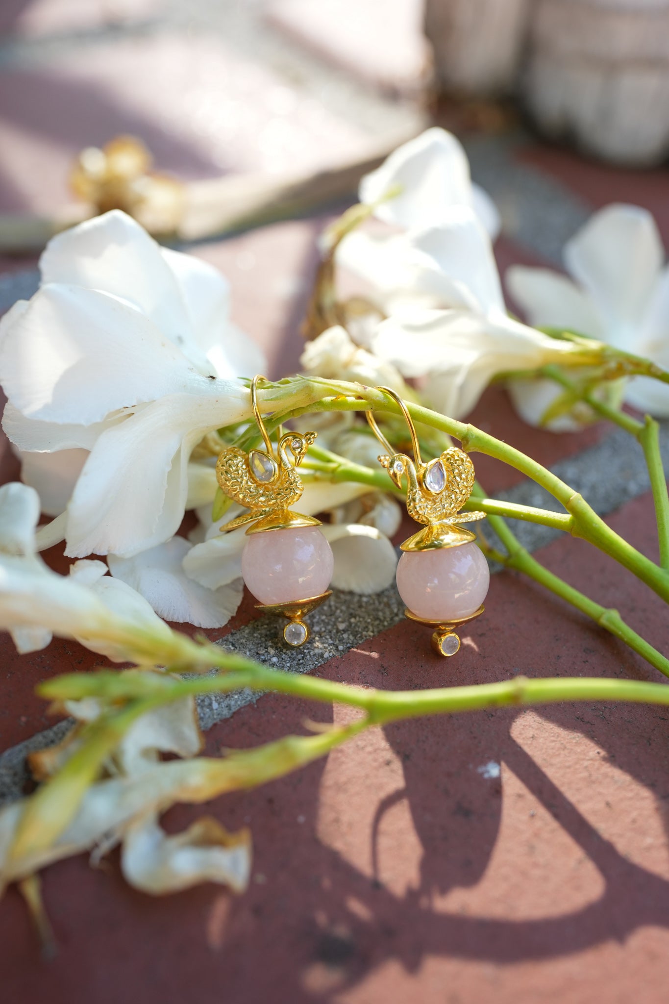 Silver Gold Plated Amrapali Rose Quartz Peacock Earrings