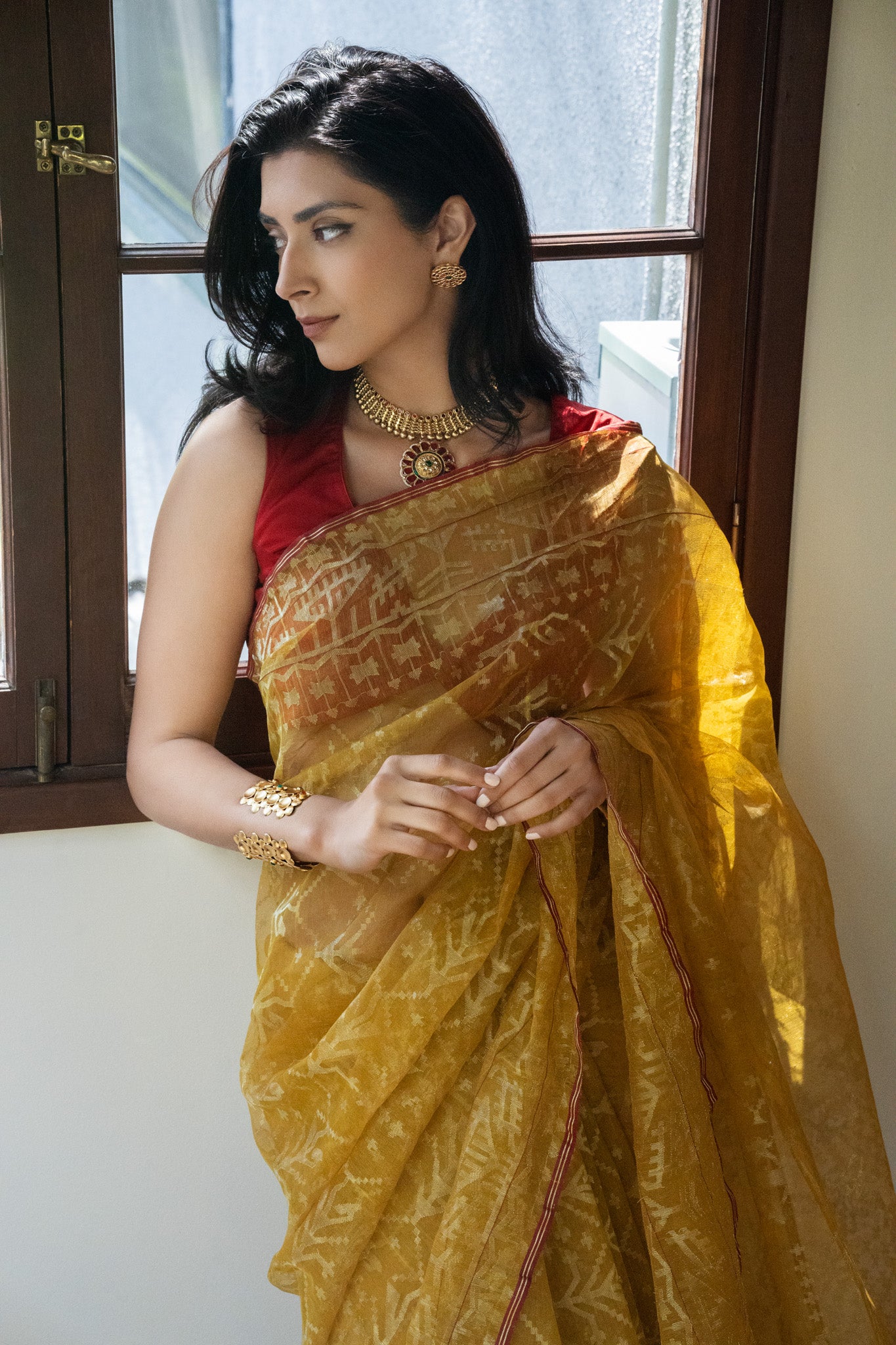 Mustard Heirloom Jamdani saree