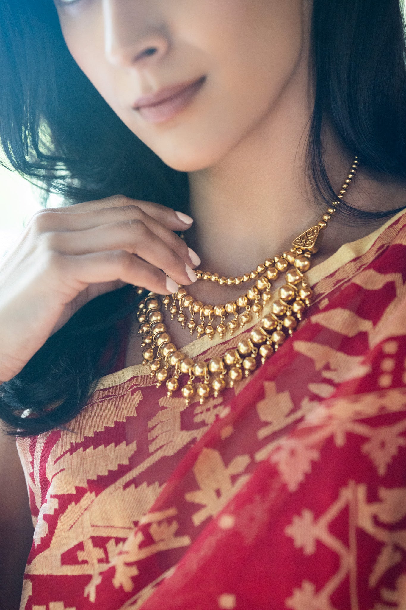 Silver Gold Plated Multi Bead Tri Strand Necklace