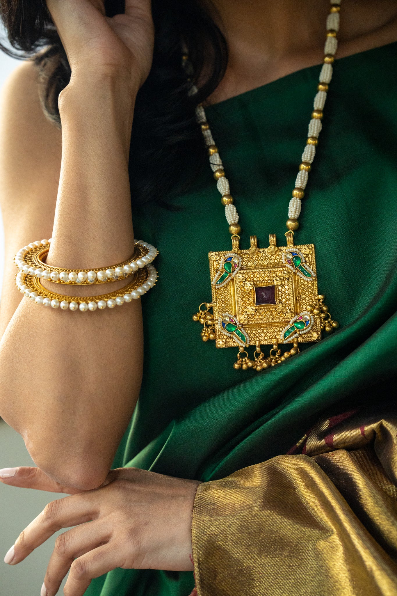Silver Gold Plated Pearl Citrine Bud Bangle Set