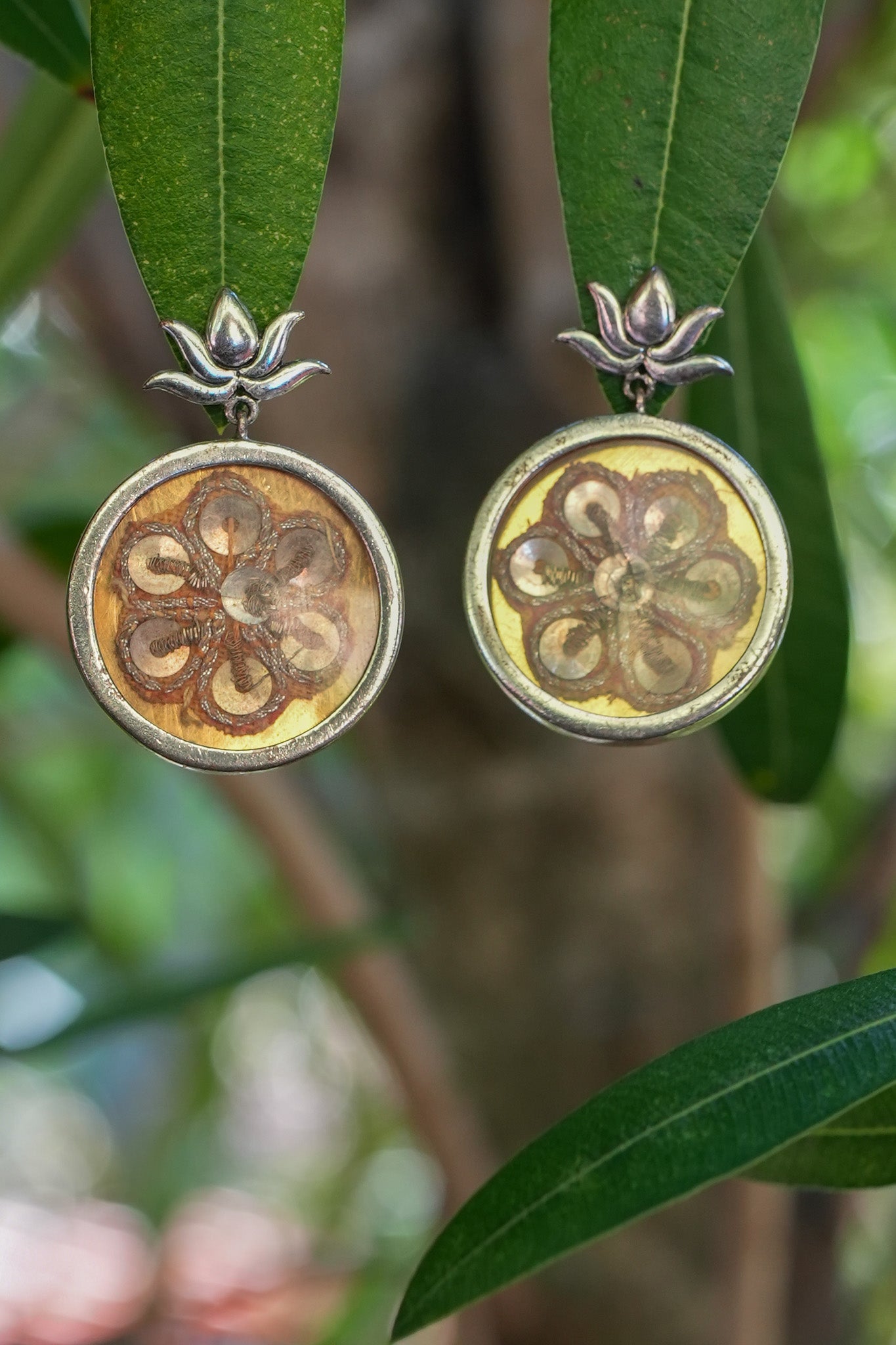 Silver Gold Plated Lotus Embroidery Earrings
