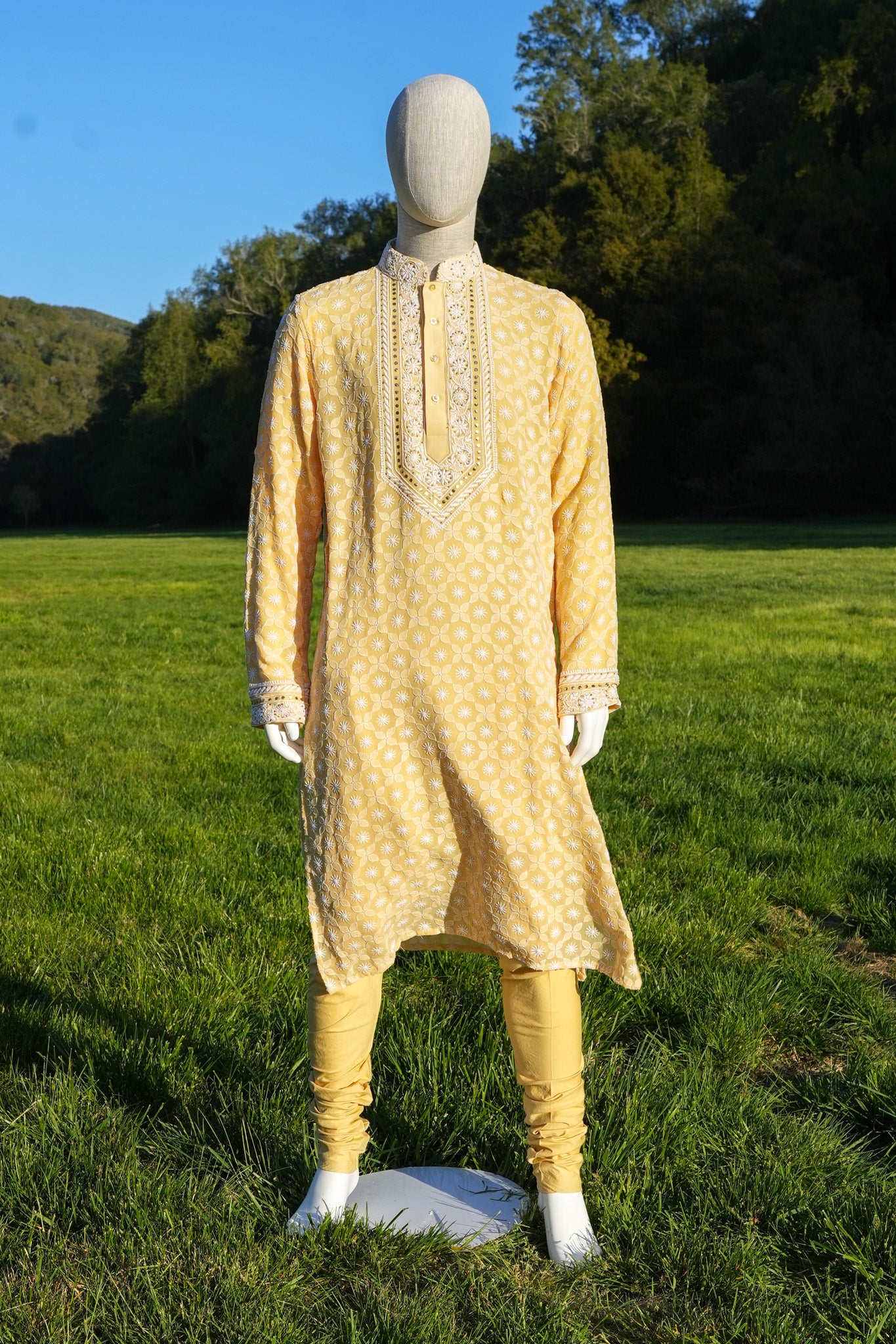 Yellow Chikankari Georgette Mens Kurta