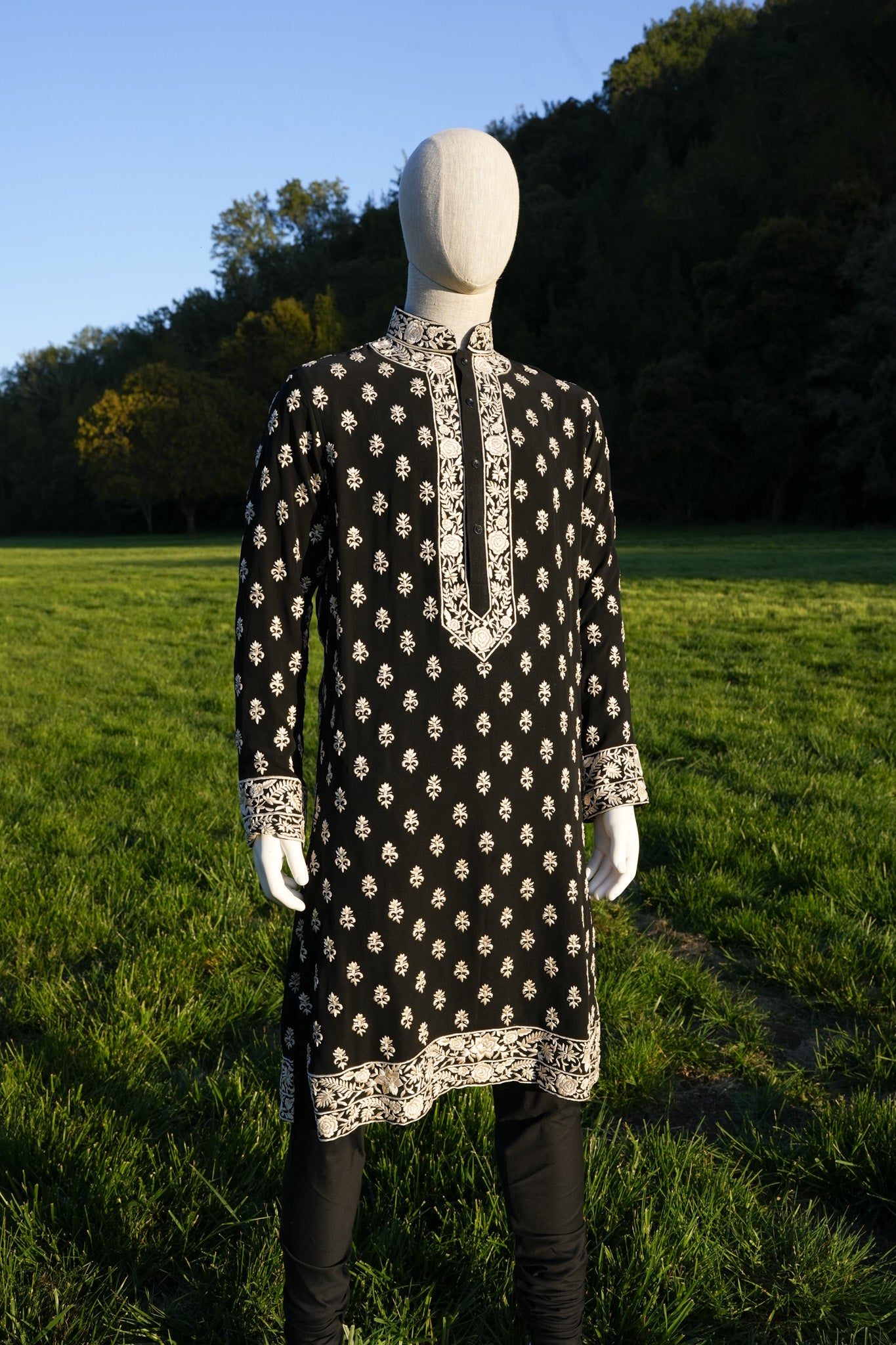 Mens Black Georgette Gara Parsi Kurta