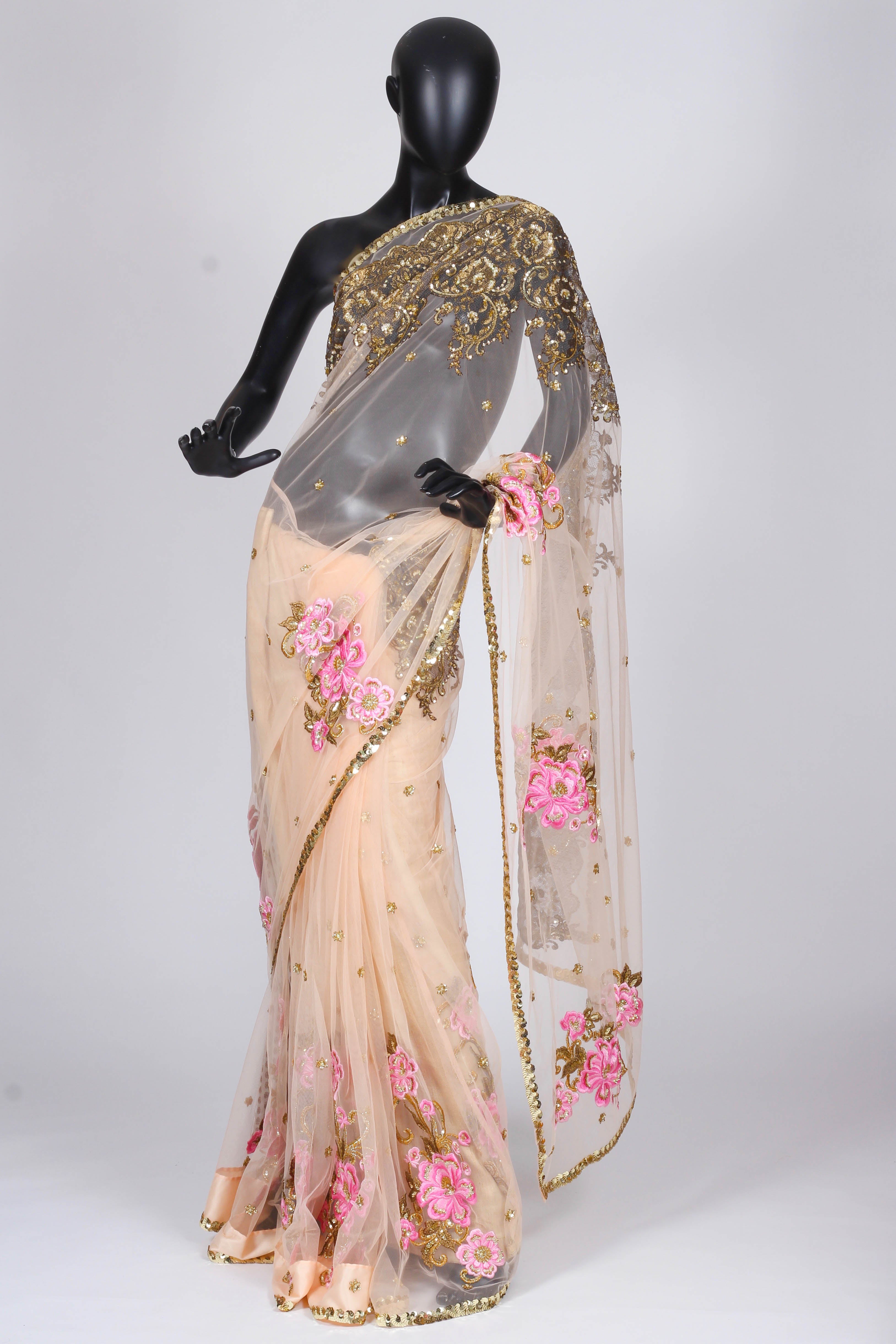 Bhairavi Jaikishan light peach tulle saree
