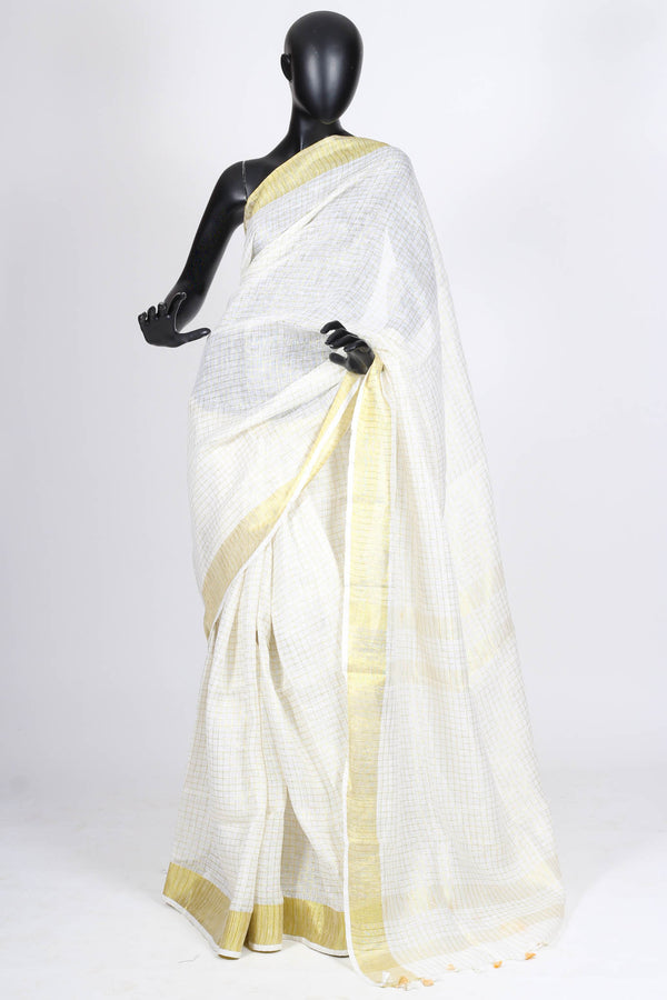 White and Gold Check Linen Saree