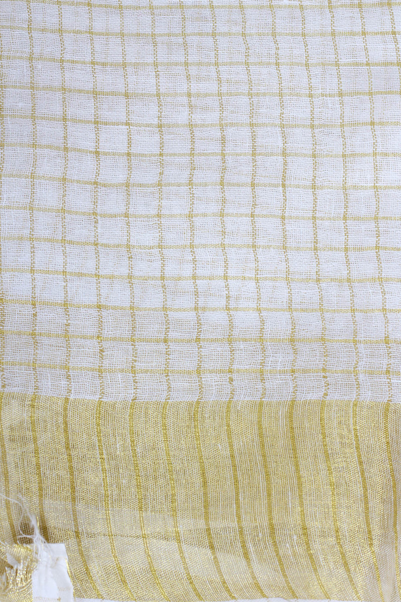 White and Gold Check Linen Saree