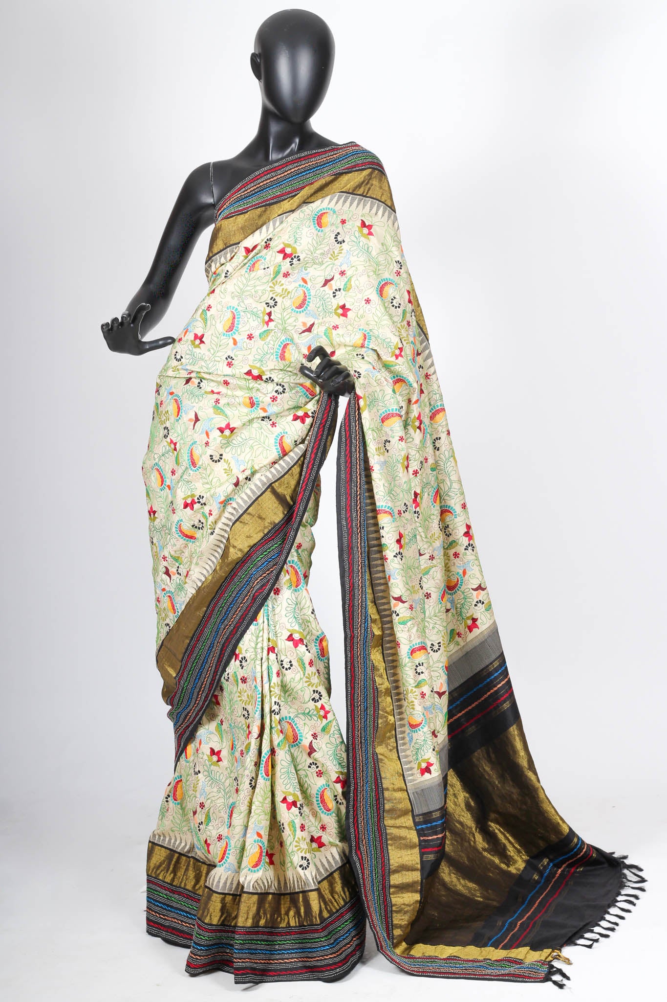 The Charulata Sari. Silk with Kantha Embroidery