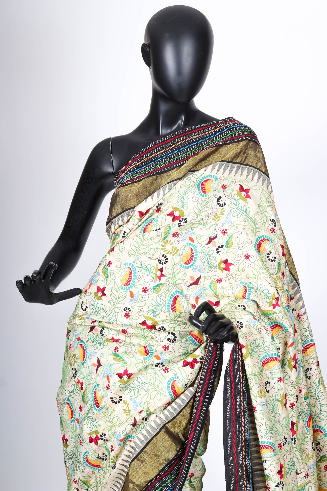 The Charulata Sari. Silk with Kantha Embroidery