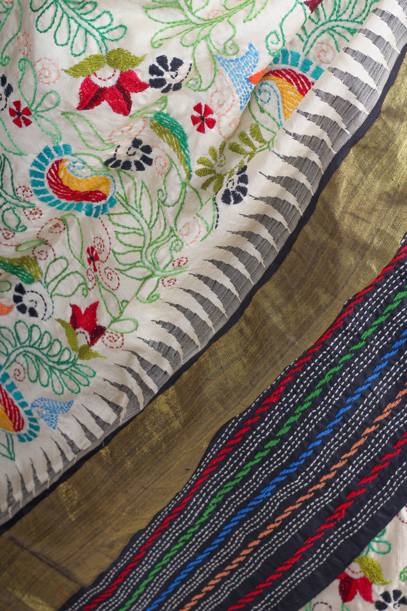 The Charulata Sari. Silk with Kantha Embroidery