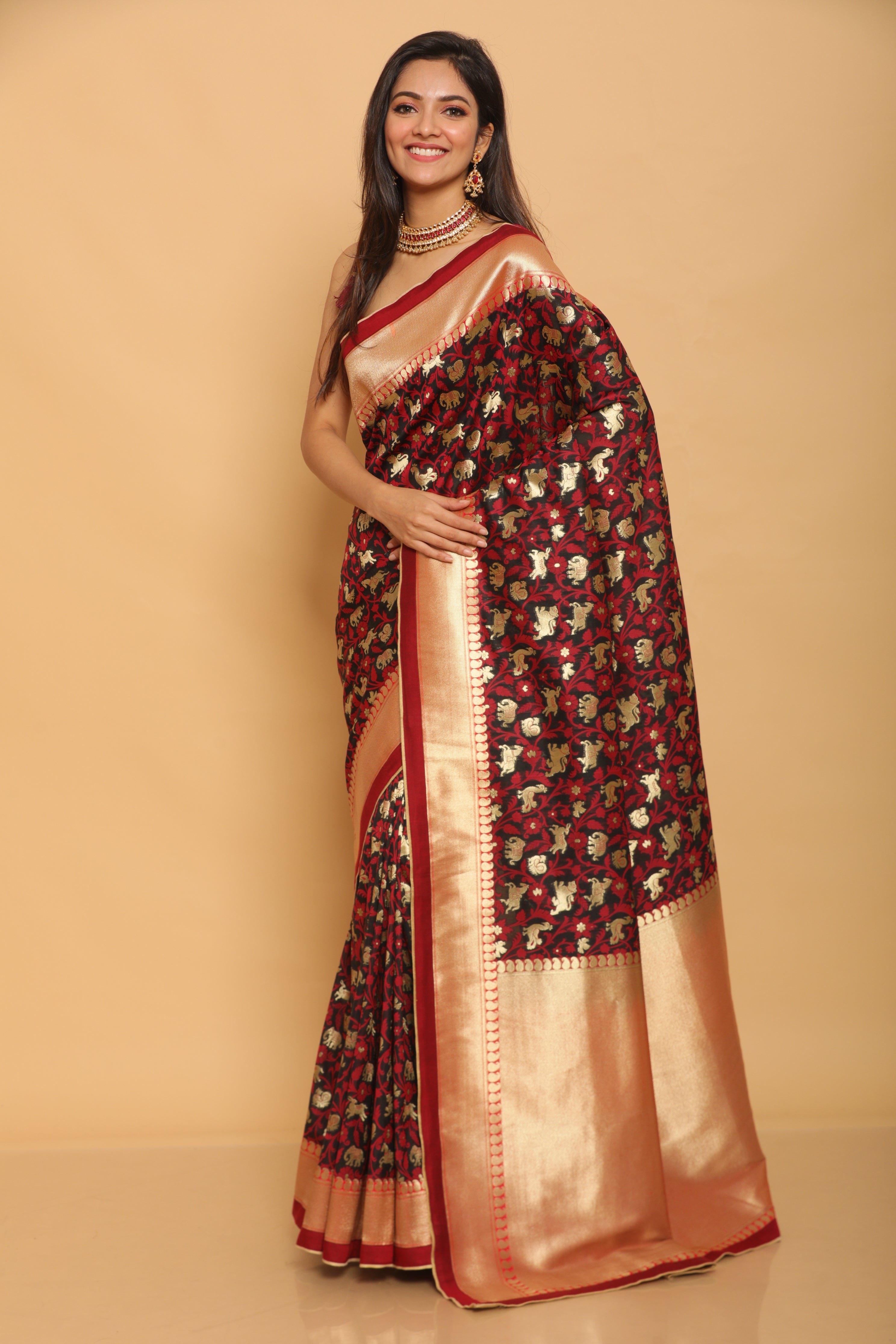 Black Shikargaah Benarasi Silk Saree