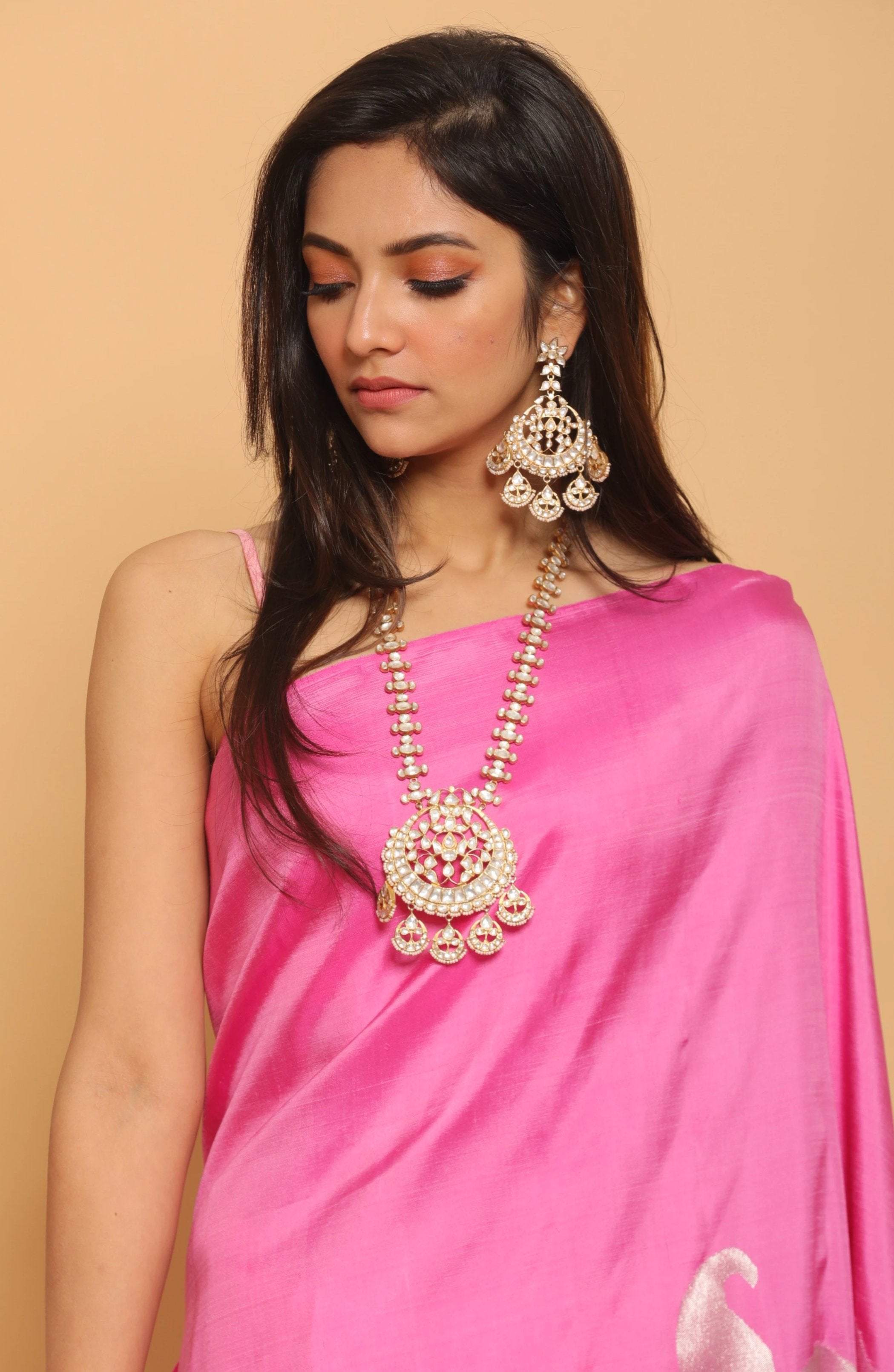 Amrapali Silver Gold Plated White Crystal Pearl Set