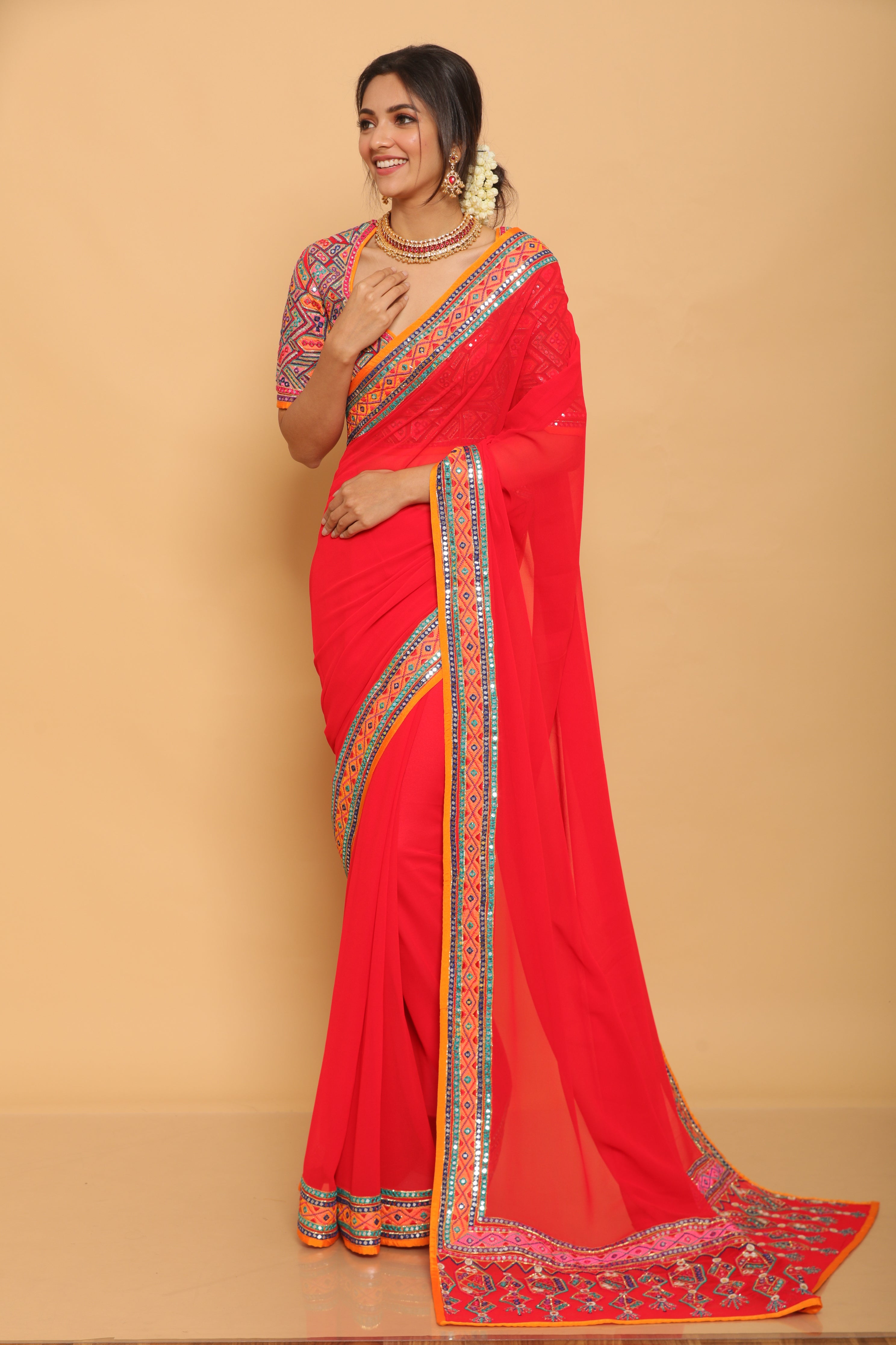 Asal by Abu Jani Sandeep Khosla Red Georgette Saree