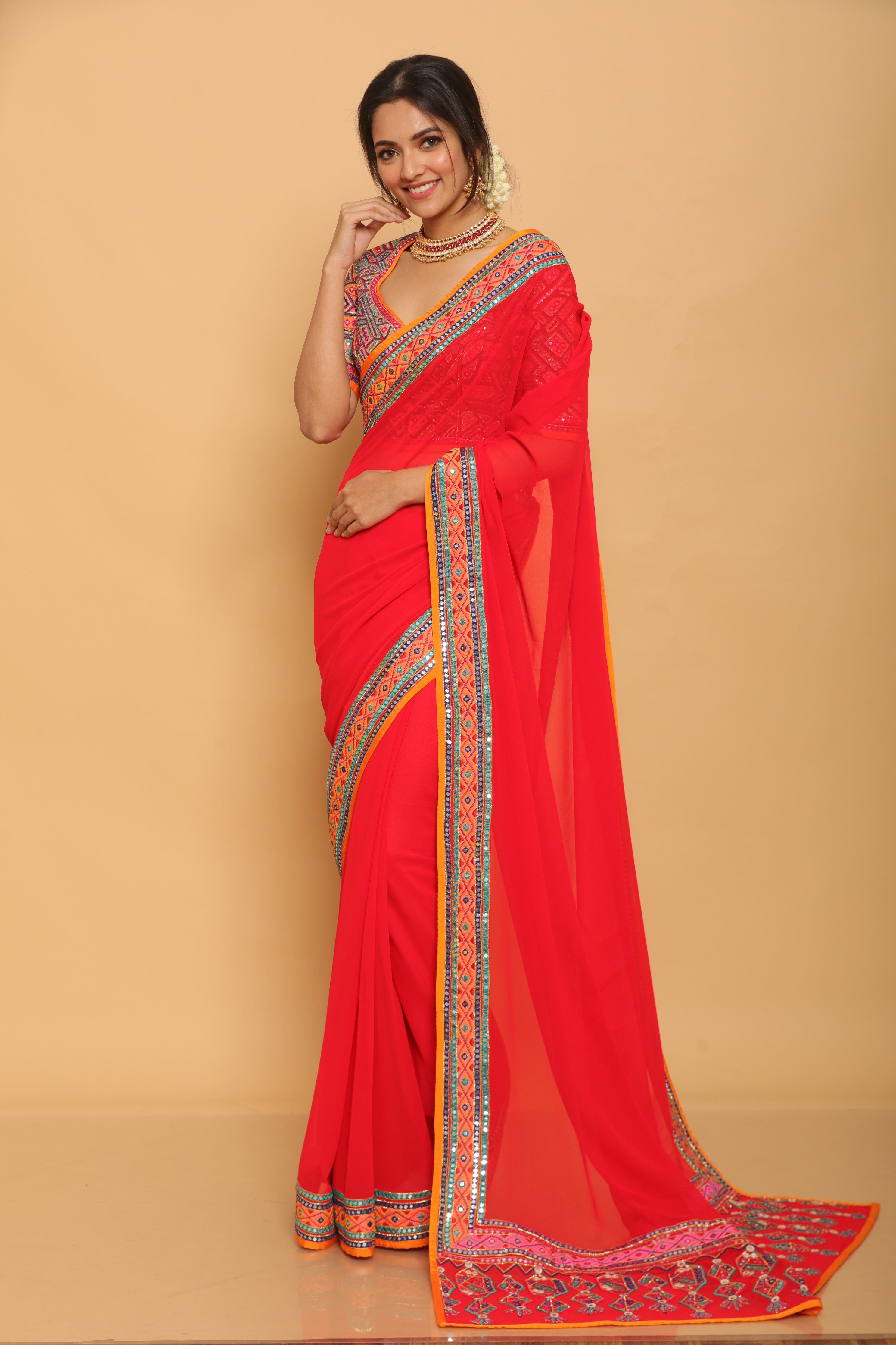 Asal by Abu Jani Sandeep Khosla Red Georgette Saree