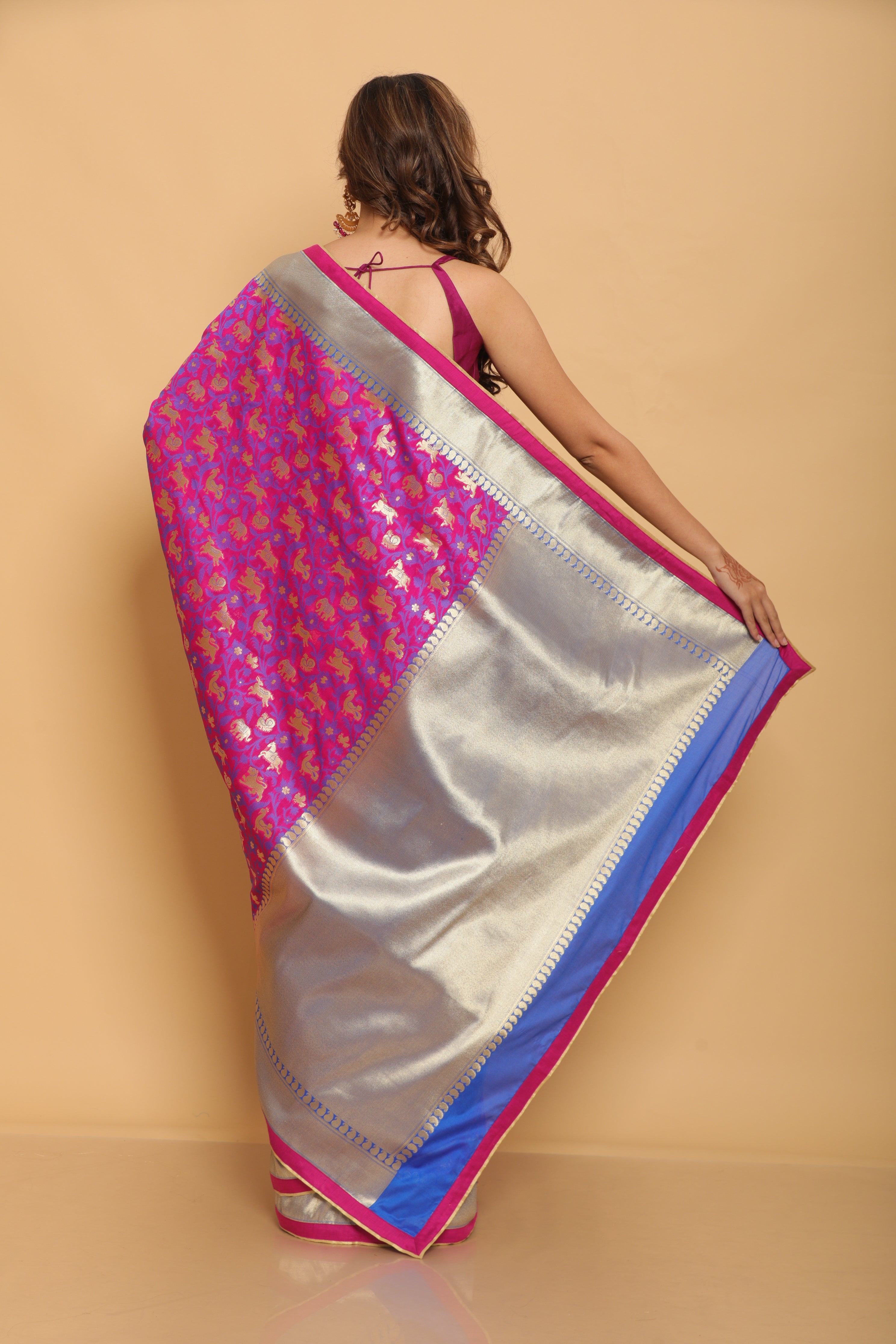 Fuscia Shikargaah Benarasi Silk Saree
