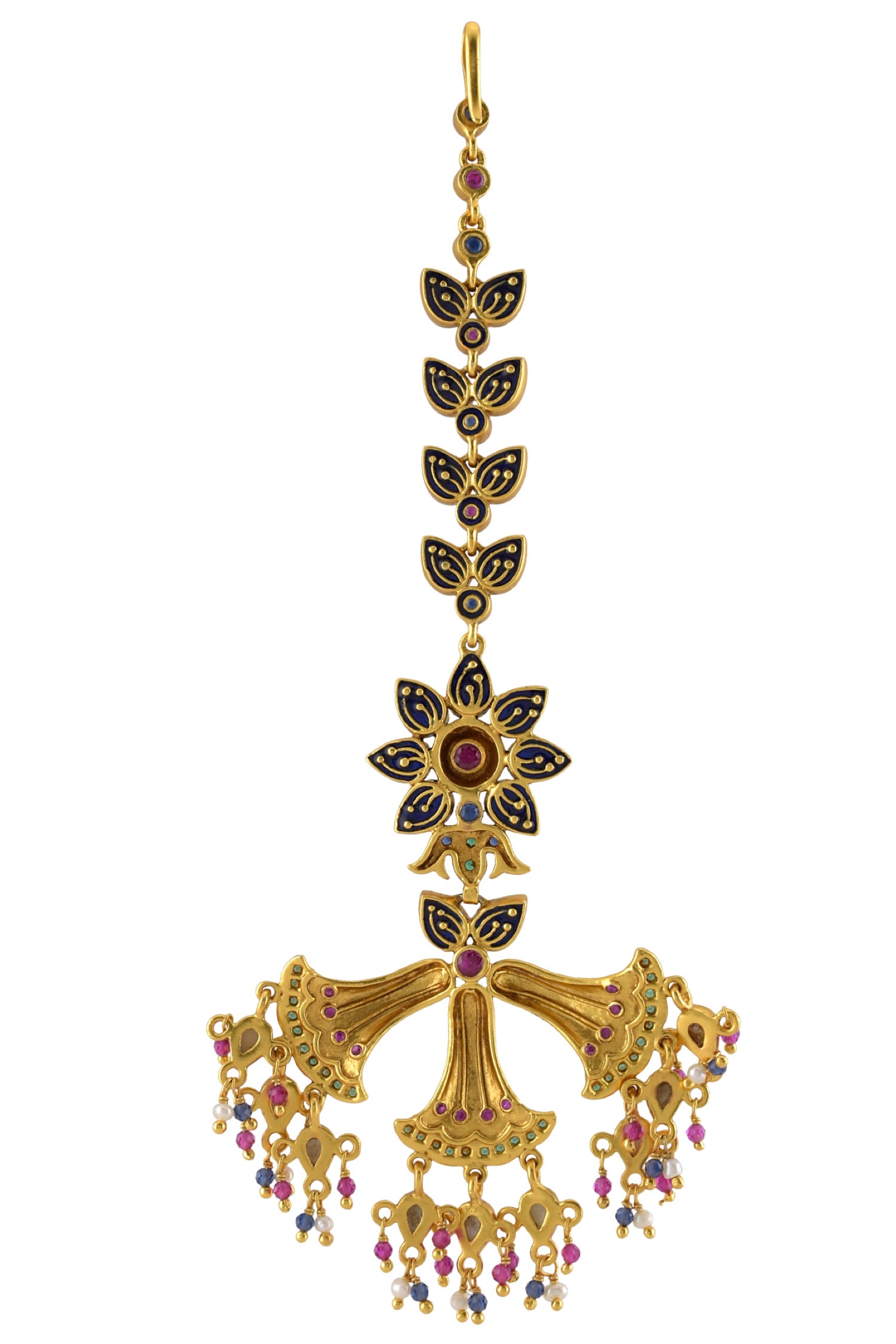 Silver Gold Plated Glass Floral Enamelled Fan Maangtikka