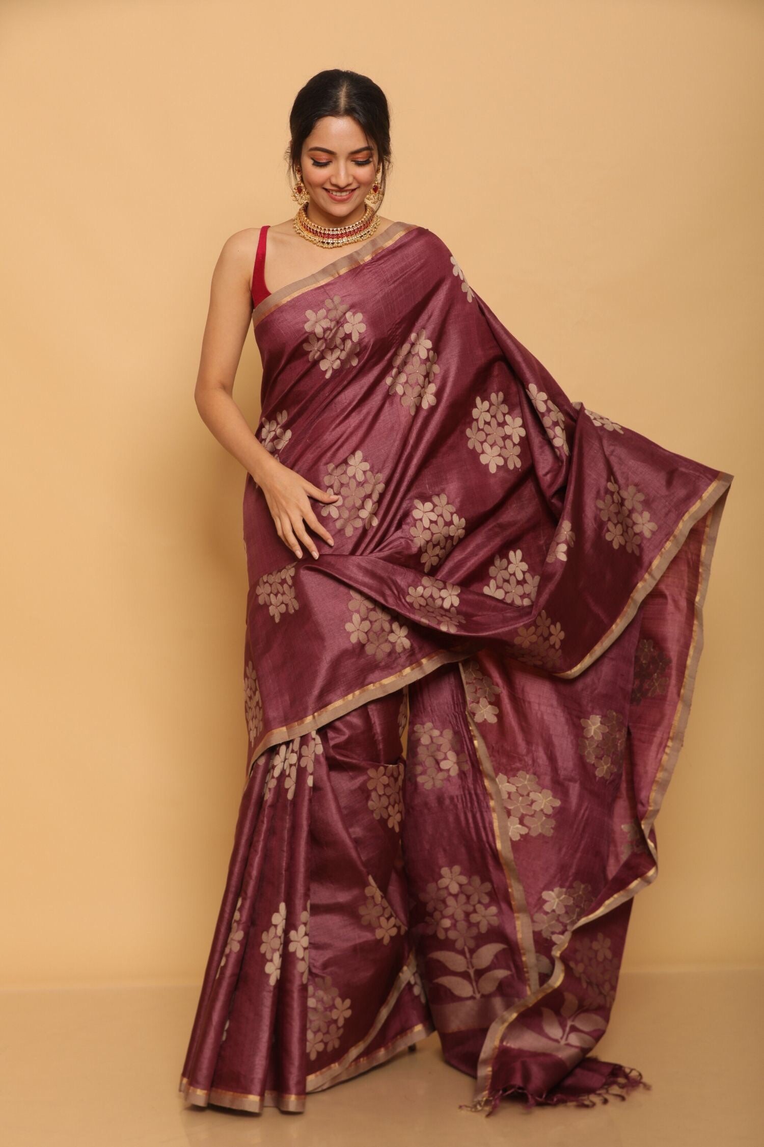 Wine Chapa Tussar Saree