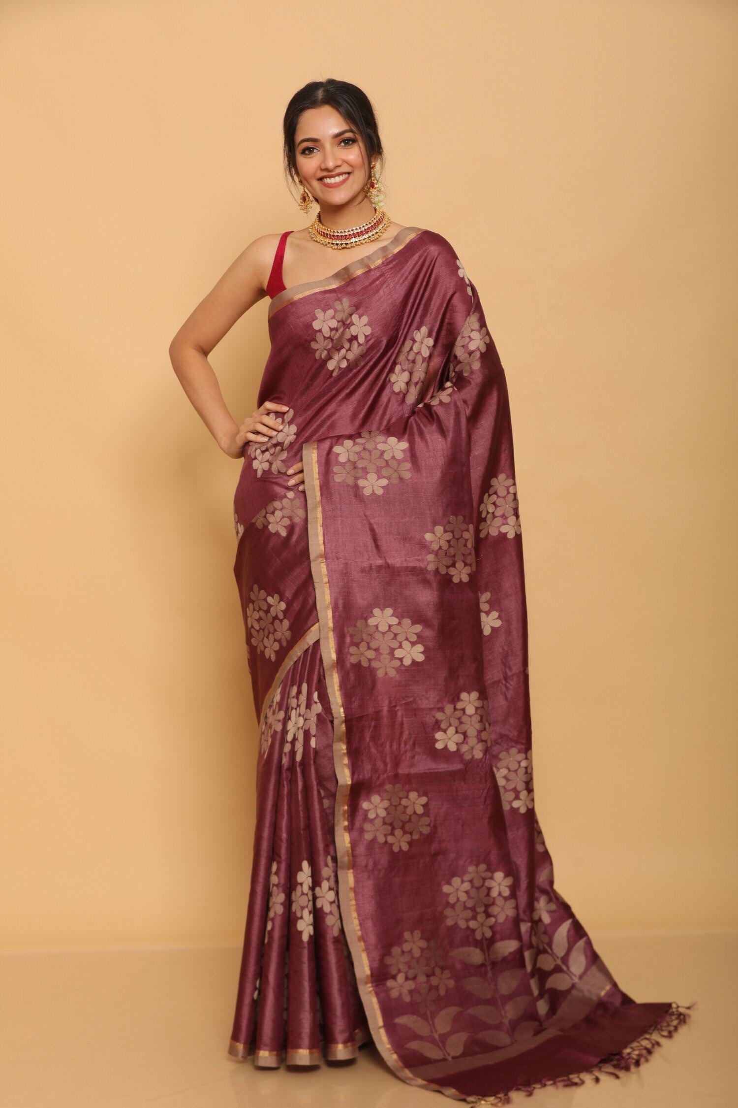 Wine Chapa Tussar Saree