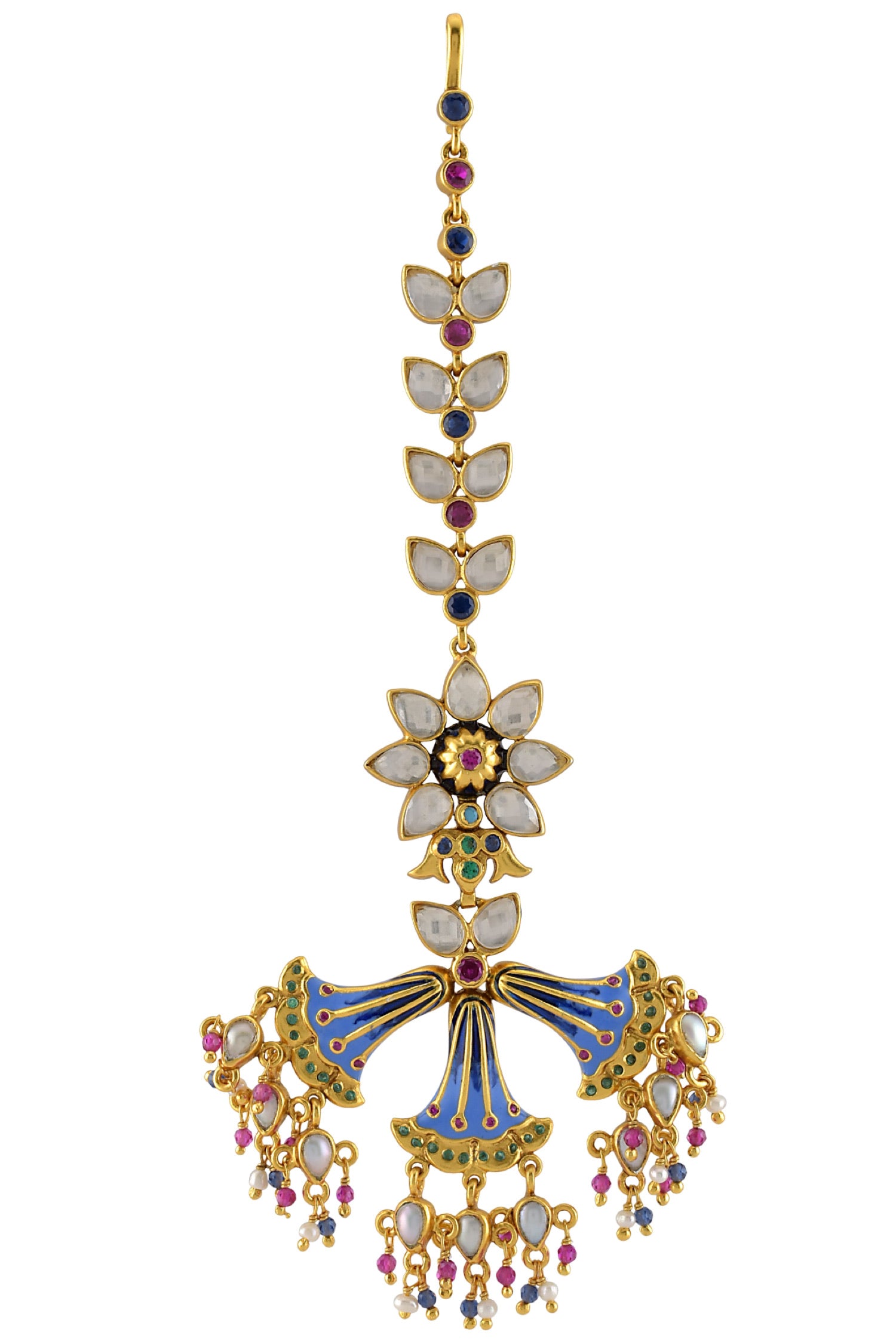 Silver Gold Plated Glass Floral Enamelled Fan Maangtikka
