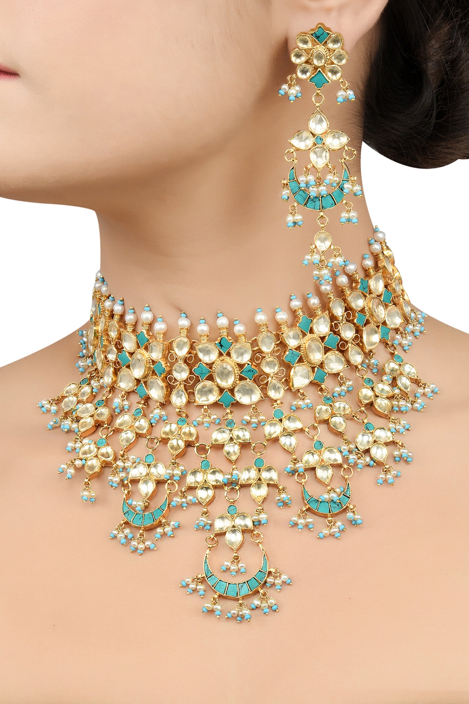 Silver Gold Plated Apsara Turquoise White Chand Necklace Set