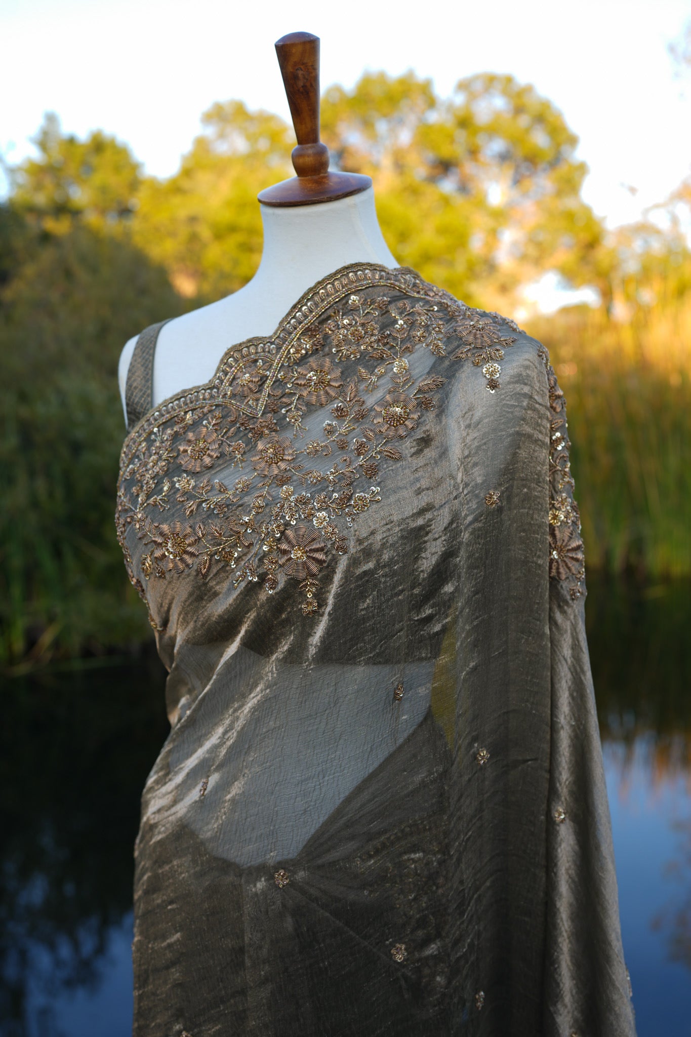 Tuscan Olive Embroidered Saree