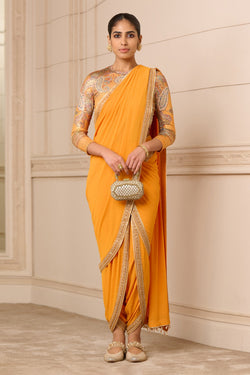 Orange Concept Draped Dhoti Saree with Printed Blouse