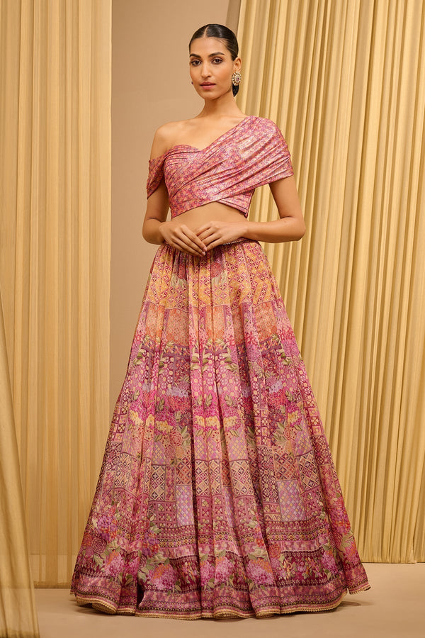 Tarun Tahiliani Foil Jersey Printed Lehenga With Draped Blouse