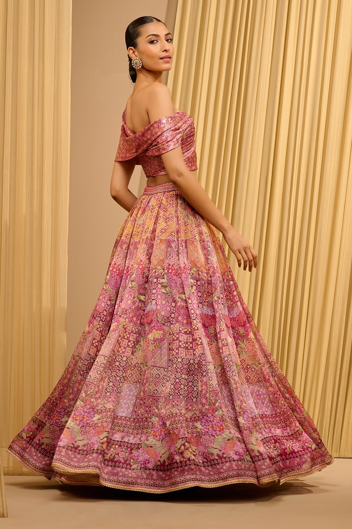 Tarun Tahiliani Foil Jersey Printed Lehenga With Draped Blouse