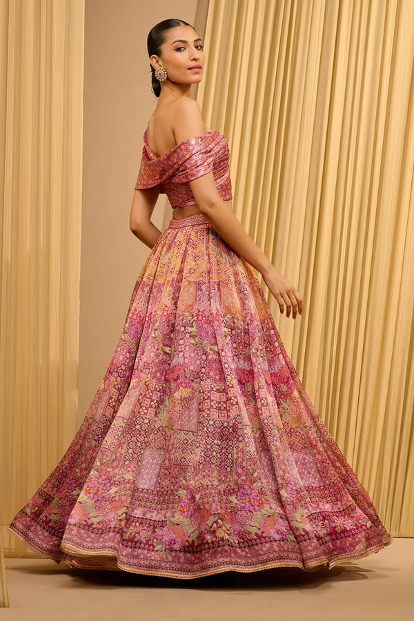 Tarun Tahiliani Foil Jersey Printed Lehenga With Draped Blouse