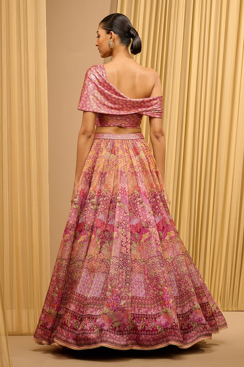 Tarun Tahiliani Foil Jersey Printed Lehenga With Draped Blouse