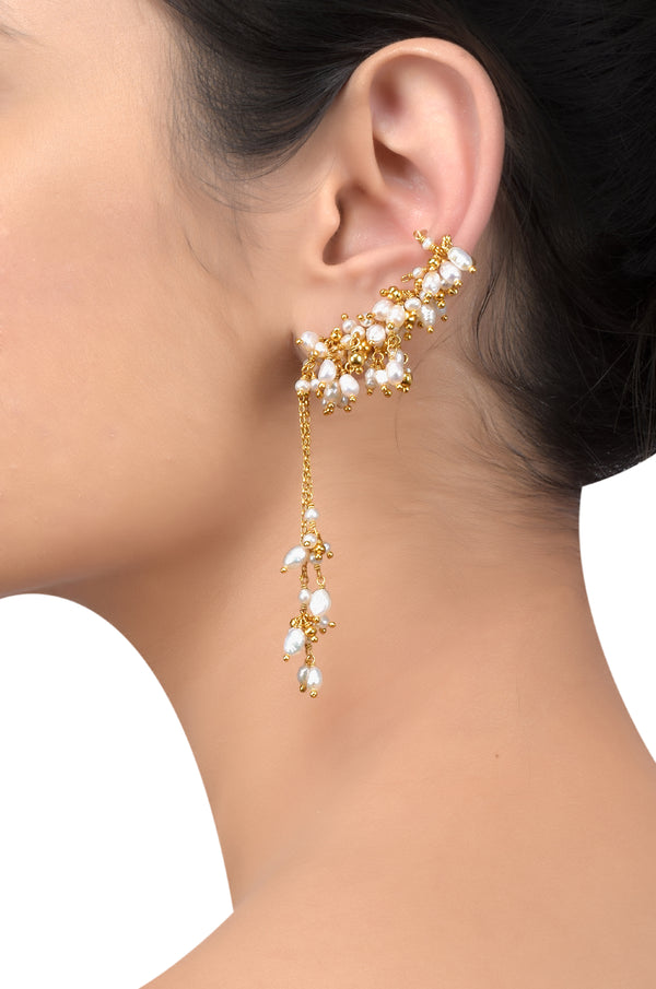 Silver Baahubali Pearl Cluster Tassel Ear Cuffs