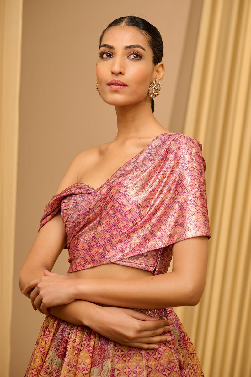 Tarun Tahiliani Foil Jersey Printed Lehenga With Draped Blouse
