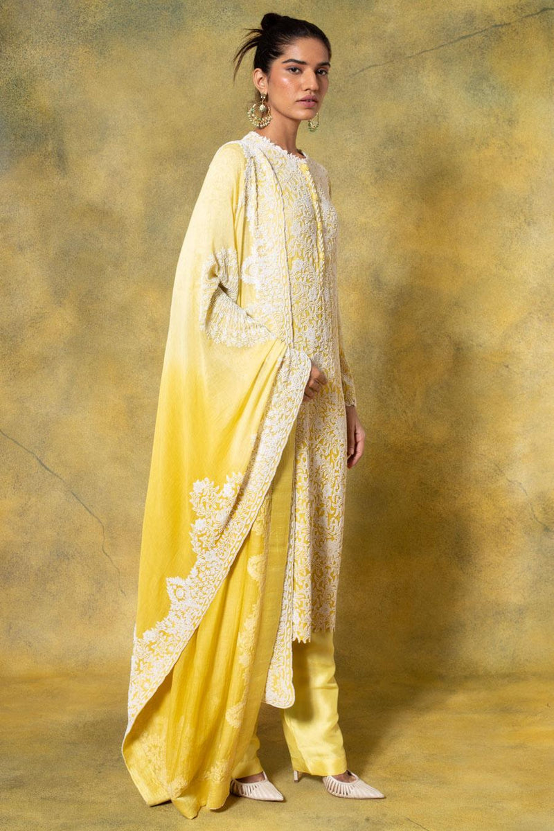 Anamika Khanna Yellow Hand Embroidered Kurta Set