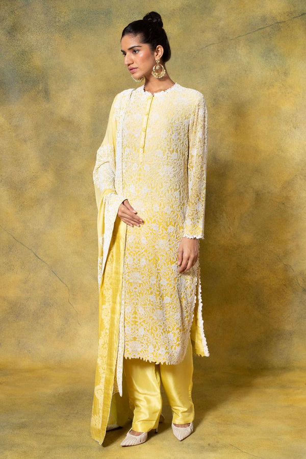 Anamika Khanna Yellow Hand Embroidered Kurta Set