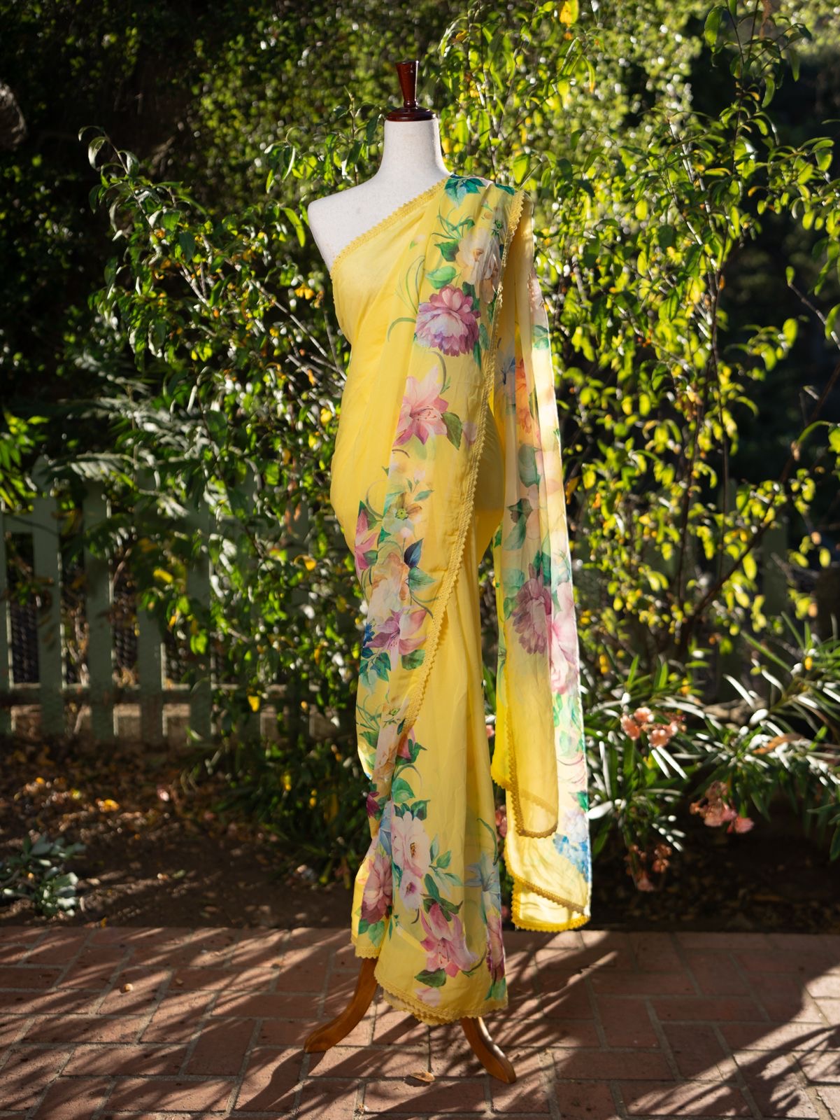 Yellow printed georgette saree