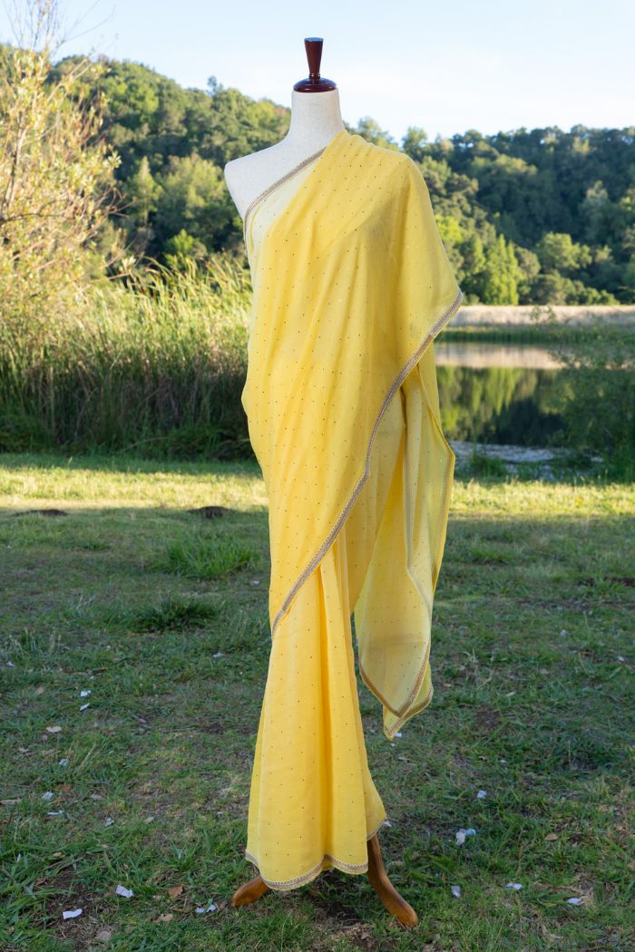 Yellow printed chiffon saree
