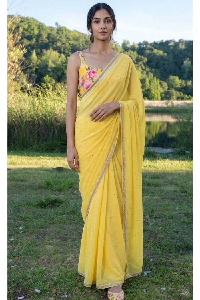 Yellow printed chiffon saree