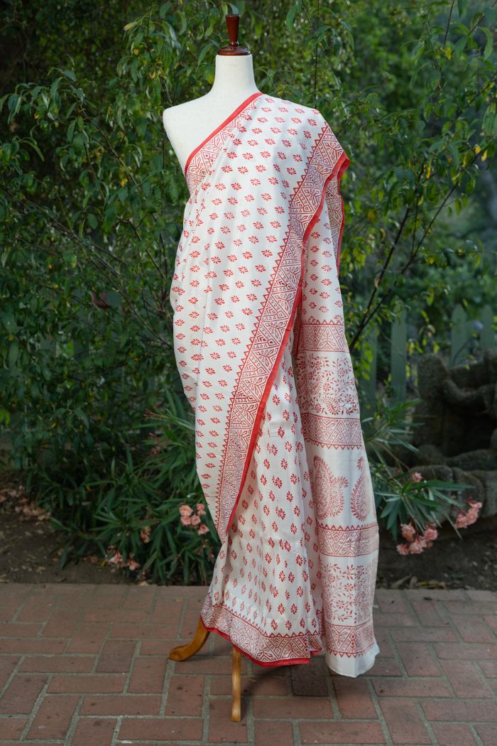 White and Red Murshidabad Silk Saree