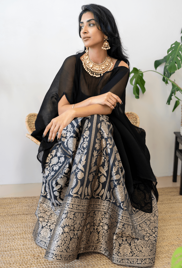 Black Benarasi Lehenga with Poncho and Crop-Top