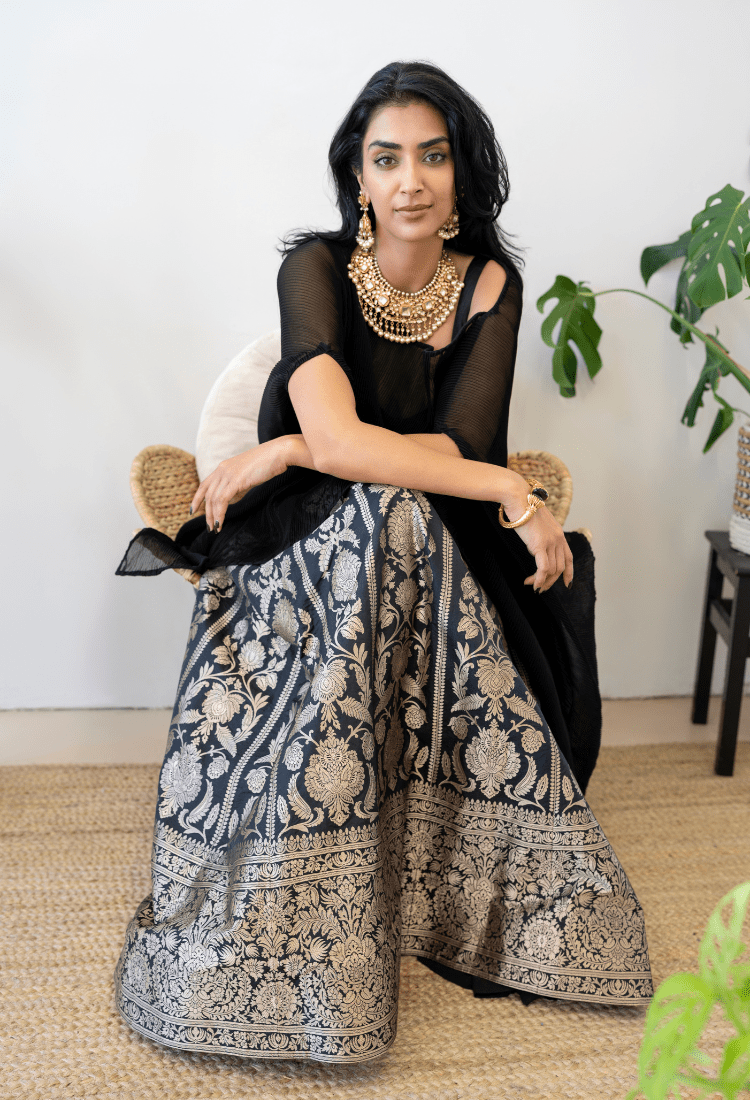 Black Benarasi Lehenga with Poncho and Crop-Top