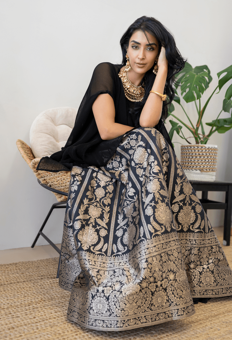 Black Benarasi Lehenga with Poncho and Crop-Top